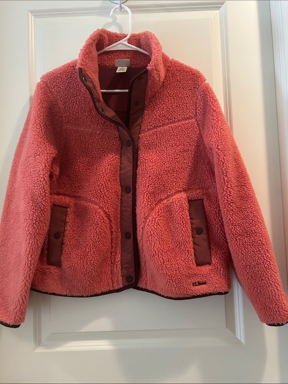 L.L. Bean Cozy Coral Full Snap Closure Sherpa Jacket pockets size MP petite